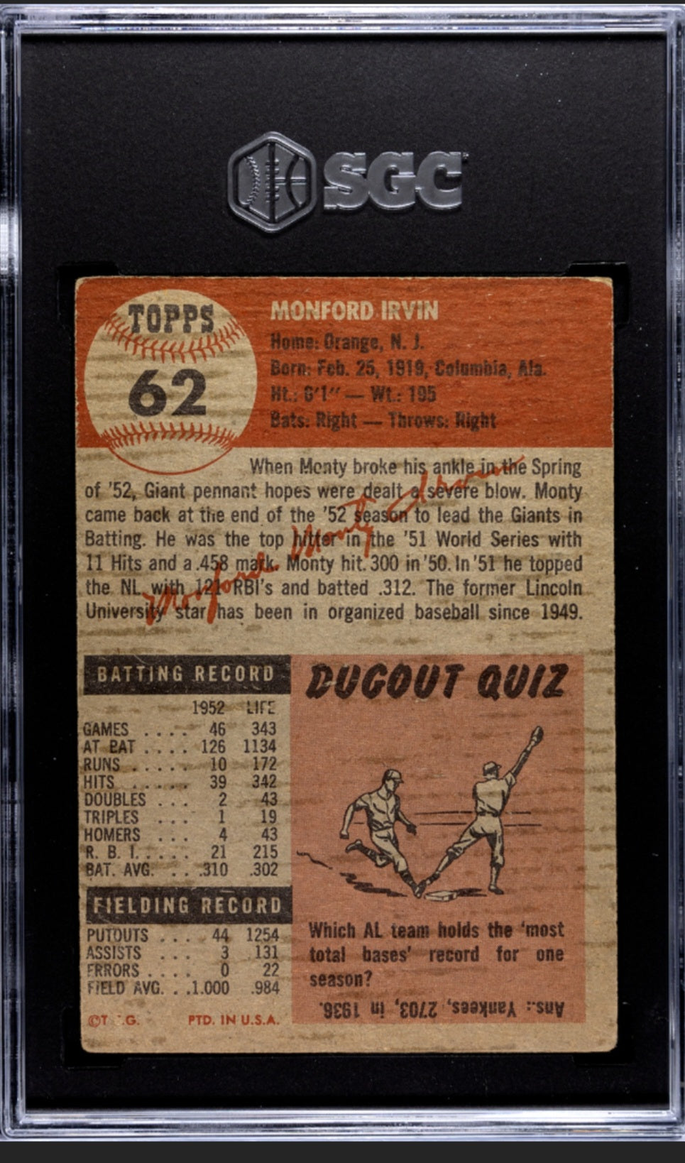1953 Topps Monte Irvin #62