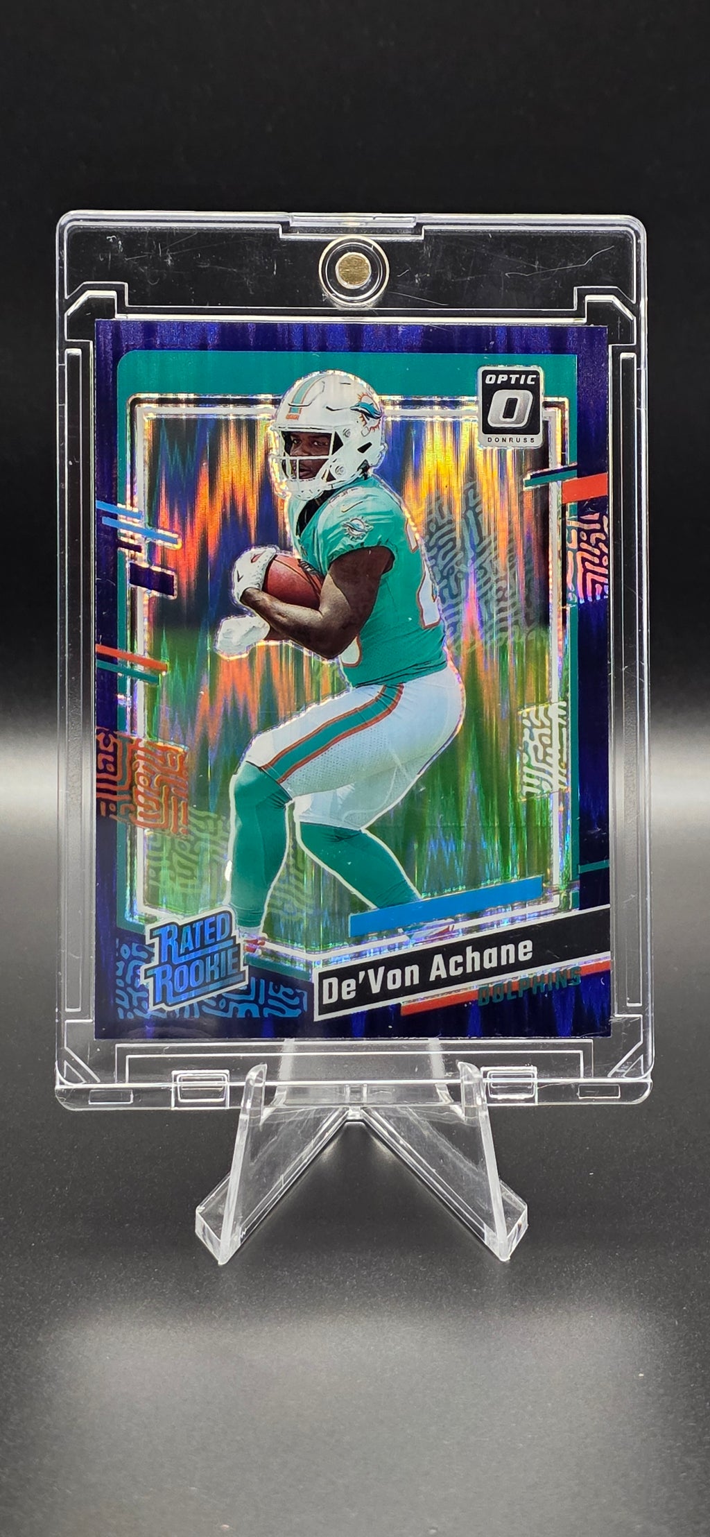 2023 Panini Donruss Optic Rated Rookies Purple Shock Prizm De'Von Achane #269 (RC)