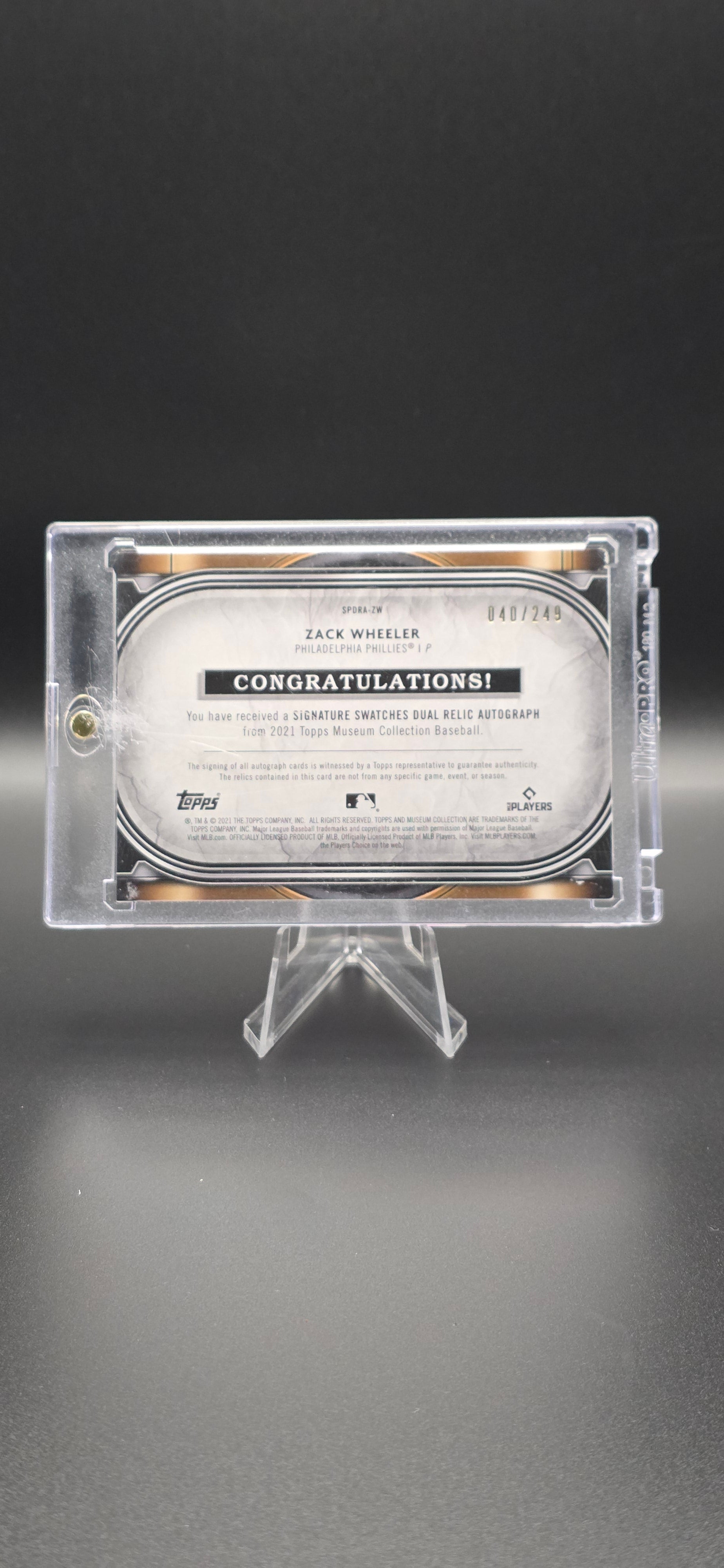 2021 Topps Museum Collection - Single Player Dual Relic Autographs Zach Wheeler #SPDRA-ZW (040/249)